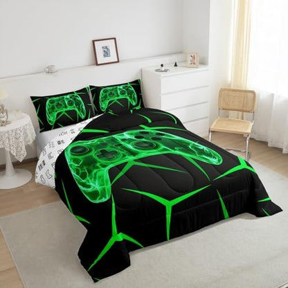 Castle Fairy Black Green Games 3 Pcs Queen Size Comforter Set,Geometric Honeycomb Gaming Down Alternative Adults Room Decor,Game Controller Ultra Soft Microfiber Inner Fill 3Pcs Bedding
