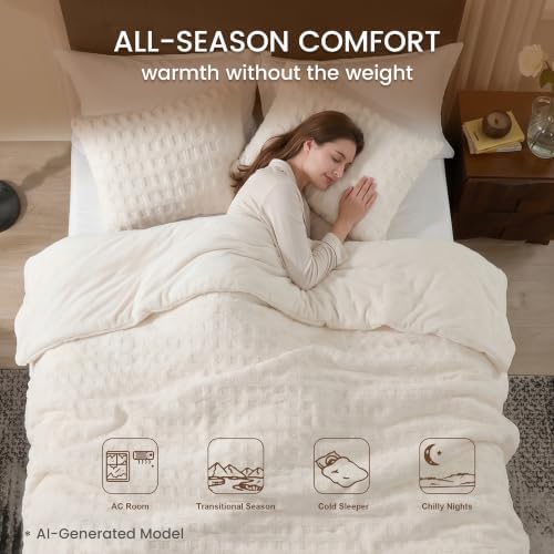 Plush Fleece Comforter Set Queen with Teddy Waffle Textured , Cream White