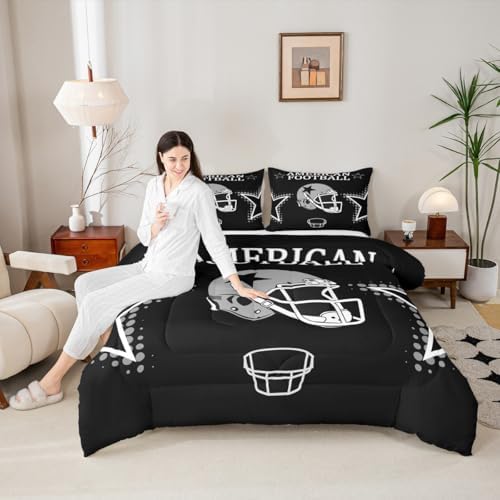 American Football Comforter Set King Size,Black Grey White Star Helmet Print Bedding Set for Kids Boys Teens Men Room Decor,Ball Sports Theme Quilt Set Modern Chic Duvet Insert,2 Pillowcases