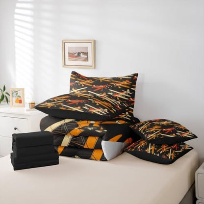 Erosebridal Cartoon Aircraft Comforter Set with Sheets King, Modern Airplane Bed in A Bag, Propeller Plane Black 7 Pcs Bedding Set for Kids Boys Men Bedroom Decor, Aviation Theme Bed Sets