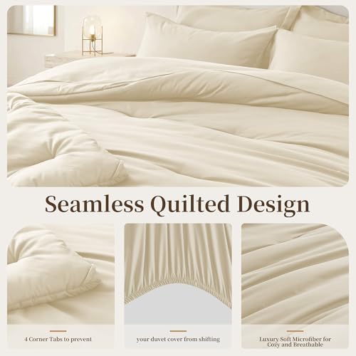 Oversized Queen Comforter Set 7 Piece - Soft Bed in a Bag Queen Size Comforter Sets, Cozy Bedding Sets with All Season Comforter, Flat Sheet, Fitted Sheet,2 Pillowcases & 2 Shams, Beige