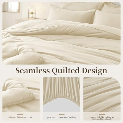 Oversized Queen Comforter Set 7 Piece - Soft Bed in a Bag Queen Size Comforter Sets, Cozy Bedding Sets with All Season Comforter, Flat Sheet, Fitted Sheet,2 Pillowcases & 2 Shams, Beige