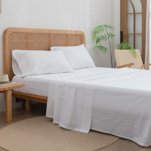 BESTOUCH Twin Washed Cotton Linen Feel Sheet Set, 3pc Solid Bright White