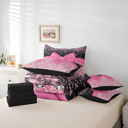 Pink Bowknot Bed in a Bag Queen Comforter Set 7 Piece,Kawaii Bow Knot Bedding Set,Silk Ribbon Comforter and Sheet Set Glitter Sequin Print Diamond Bed Set,Dreamy Princess Style Cute Pink Room Decor
