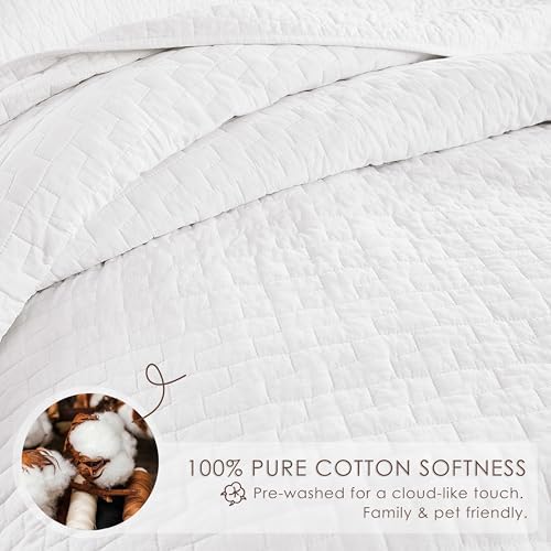 palassio White 100% Cotton Quilt California Cal King Size Bedding Sets with 2 Pillow Shams, Textured Oversized Lightweight Bedspread Shabby Chic Coverlet, Soft Bed Cover for All Season, 3 Pieces