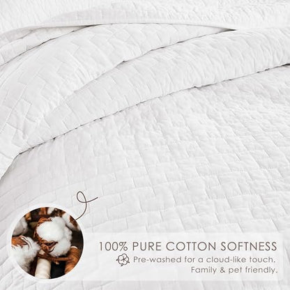 palassio White 100% Cotton Quilt Twin Size Bedding Sets with 1 Pillow Sham, Textured Lightweight Soft Bedspread Shabby Chic Coverlet, Quilted Thin Comforter Bed Cover for All Season, 2 Pieces