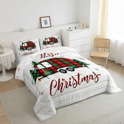 Christmas Camper Comforter Set Queen,Rustic Farmhouse RV Bedding Set for Kids Teens Adults Room Decor,Colorful Xmas Camping Car Quilt Set Cartoon Outdoor Traveling Duvet Insert,2 Pillowcases