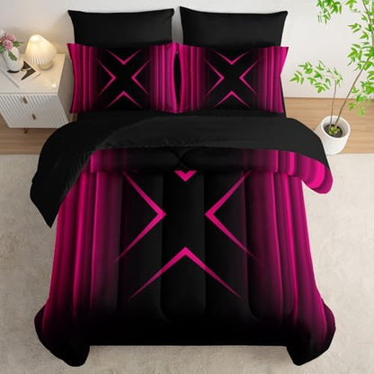 Nttopship Pink Black Geometric Comforter Set Full Size 7Pieces,3D Abstract Mordern Printed Bedding Set for Adults,Geometric Mordern Decor All Seasons with Pillowcases,Flat, Fitted Sheet