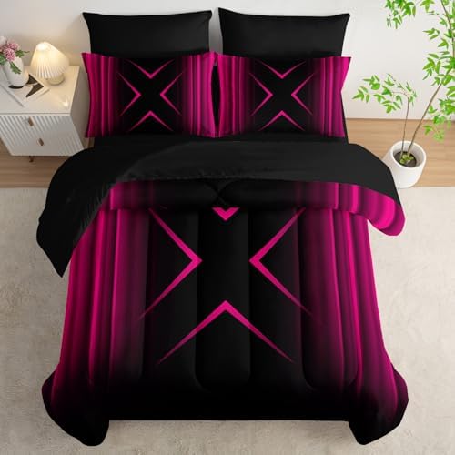 Nttopship Pink Black Geometric Comforter Set King Size 7Pieces,3D Abstract Mordern Printed Bedding Set for Adults,Geometric Mordern Decor All Seasons with Pillowcases,Flat, Fitted Sheet
