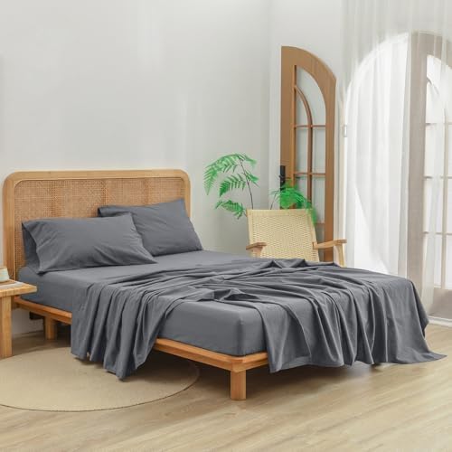 BESTOUCH Full Washed Cotton Linen Feel Sheet Set 4 Pcs Quiet Shade Grey
