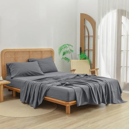 BESTOUCH Queen Washed Cotton Linen Feel Sheet Set 4 Pcs Quiet Shade Grey