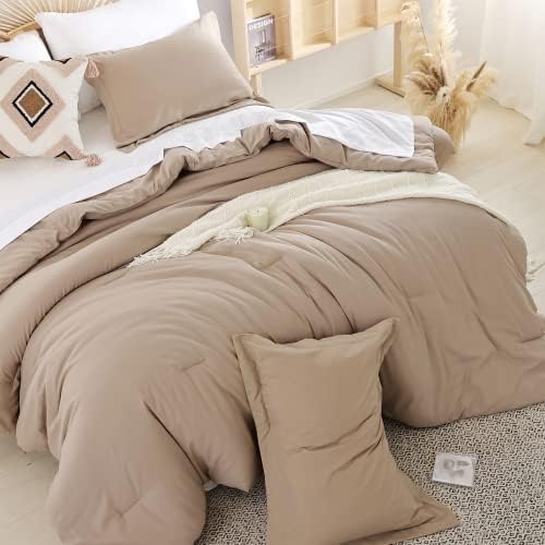 weigelia Queen Comforter Set with Sheets - Taupe 7 Piece Bed in a Bag Queen