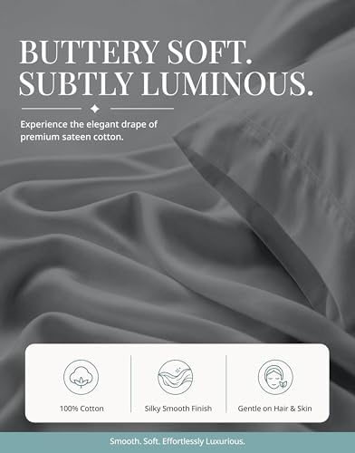 450TC 100% Cotton Twin XL Sheets - Silky Smooth Sateen Weave, Charcoal