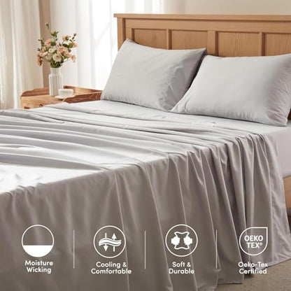 Comfort Spaces: Sheets Set - For Moisture Wicking- 4 Piece - Queen - Grey - Incl. Flat Sheet, Fitted Sheet and Pillow Cases