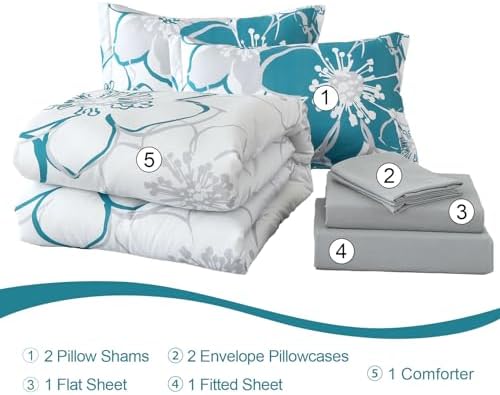 Anibedding Teal Floral Comforter Set Full Size 7 Piece, Teal Blue Flower Bed in a Bag, Elegant Botanical Floral Comforter Soft Microfiber Complete Bedding Set for All Season, (Teal, 78"x90")