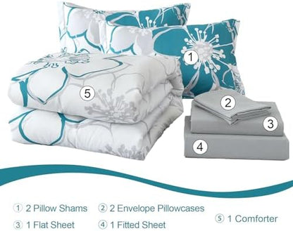 Anibedding Teal Floral Comforter Set Full Size 7 Piece, Teal Blue Flower Bed in a Bag, Elegant Botanical Floral Comforter Soft Microfiber Complete Bedding Set for All Season, (Teal, 78"x90")