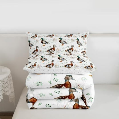 jejeloiu Mallard Duck Comforter Set Queen Size Hunting and Fishing Bedding Set for Kids Boys Girls Wild Animal Duvet Quilt Bedroom Decor Microfiber 3 Pcs with 2 Pillow Cases
