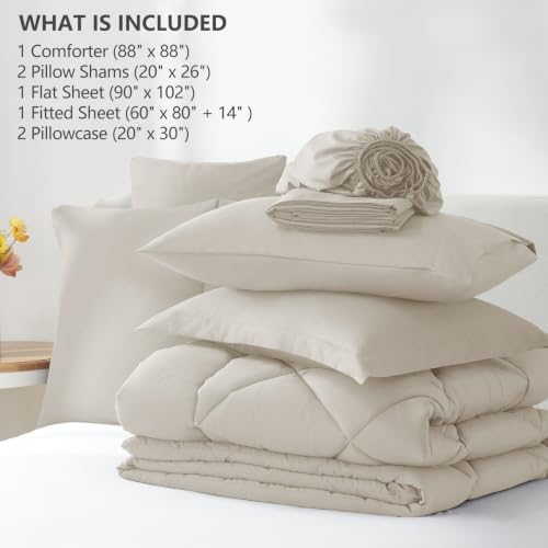 CozyLux Queen Comforter Set 88"x88" Beige - 7 Piece Bed in a Bag