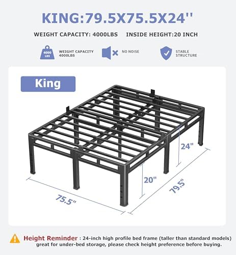 NKZ King Size Metal Platform Bed Frame, 24 Inch Dual-Layer Heavy Duty Base