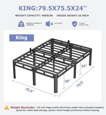 NKZ King Size Metal Platform Bed Frame, 24 Inch Dual-Layer Heavy Duty Base