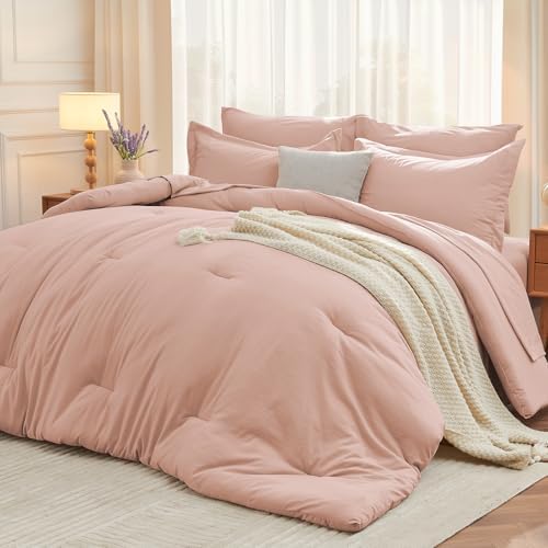 MUXHOMO 7 Pieces Oversized Queen Comforter Set, Soft Bed in a Bag Oversized Queen Size, All Season Bedding Set with Comforter, Flat Sheet, Fitted Sheet, Pillowcases & Shams, Rose Gold