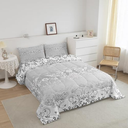 Feelyou Silver Gothic Damask Floral Comforter Set Full Size Bedding Set