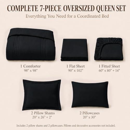 CozyLux Oversized Queen Comforter Set Black- 7 Pieces Bed in a Bag