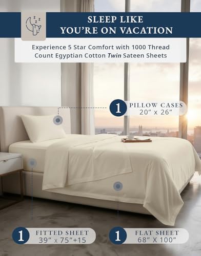 LANE LINEN Boys Twin Sheets 1000 Thread Count 100% Egyptian Cotton - Ivory