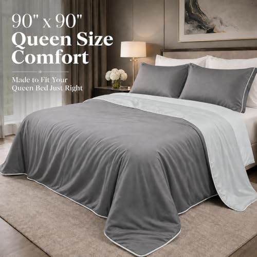 Eastsora Cooling Comforter Queen Size, Cooling Blanket for Hot Sleepers, Q-Max 0.45 Reversible Summer Comforter, Lightweight Breathable Bedding for Night Sweats, Gray