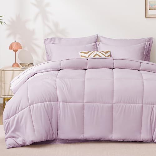 Love's cabin King Size Comforter Set Light Purple, 7 Pieces King Bed in a Bag, All Season Bedding Sets with 1 Comforter, 1 Flat Sheet, 1 Fitted Sheet, 2 Pillowcase and 2 Pillow Sham