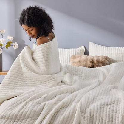 Wonderful - Velvet Quilt Set King Size Cream Ivory, Soft Cotton-Feel Plush Coverlet with Shams, Premium Vertical Channel Stitched, Lightweight All-Season Bedspread