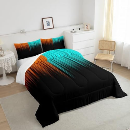 Feelyou Abstract Ombre Comforter Set Queen Size, Kids Teens Orange and Teal Girls Bedding Sets Decor Modern Geometric Stripes Quilt Set with 2 Pillow Cases