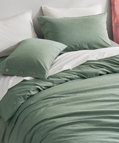 JELLYMONI 100% Washed Cotton Green Duvet Cover Queen, Linen-Like
