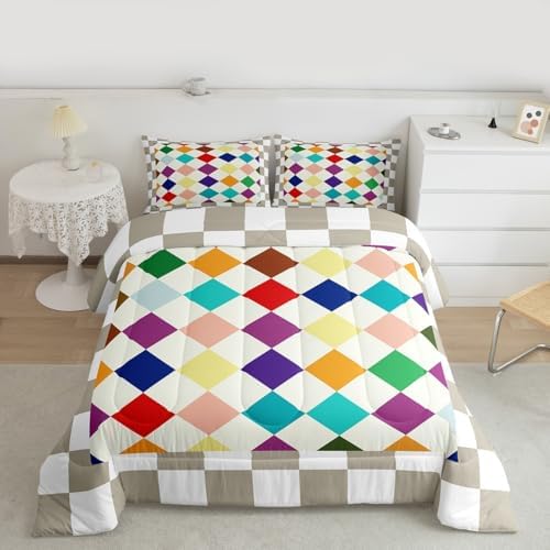 Checkered Geometric Comforter Set All Season Blue Purple Beige Brown Plaid Bedding Set with 2 Pillow Cases Checkerboard Modern Aesthetic Kids Full Bedclothes Reversible Grey Bedroom Decor Duvet Quilt