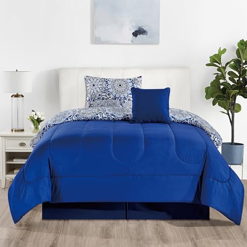 LUX Décor Reversible 4pc Twin Comforter Set, Printed Bedding Set, Microfiber Bed in a Bag, Includes 1 Comforter, 1 Pillow Sham, 1 Decor Pillow & 1 Bed Skirt (Aztec Blue,Twin)