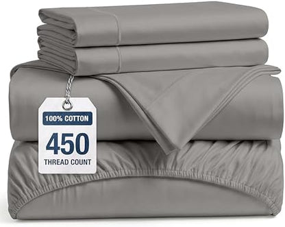 450TC 100% Long-Staple Cotton King Bed Sheets - Soft Sateen Weave, Paloma