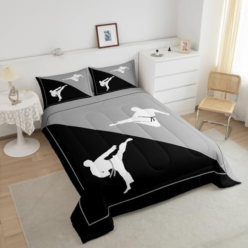 Castle Fairy Taekwondo Comforter Set,Japanese Sports Bedding Set for Kids Girls Women,Adults Black Gray White Comforter,Kungfu Quilted Duvet Set Bedroom Collection Twin Size 2Pcs