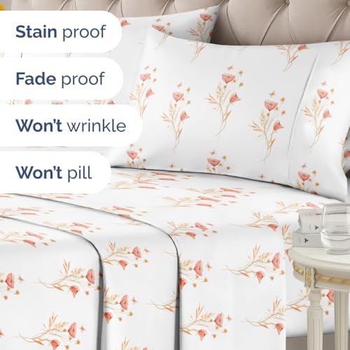 King 4 Piece Floral Sheet Set - Soft, Breathable & Cooling - Wildflower