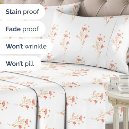 King 4 Piece Floral Sheet Set - Soft, Breathable & Cooling - Wildflower