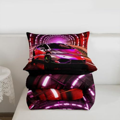 Feelyou Boys Sports Car Comforter Set Queen Size Pink Racing Car Bedding Set for Kids Boys Girls Extreme Sports Duvet Quilt Automobile Bedroom Decor Microfiber 3 Pcs with 2 Pillow Cases