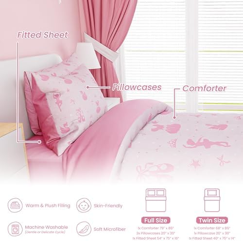 SANDJEST Ballerina Comforter Set Full Size 98x86in for Kids Girls, Microfiber 4 Pcs Bedding Set Includes 1 Comforter, 2 Pillowcases, 1 Fitted Sheet, Nursery Room Decor