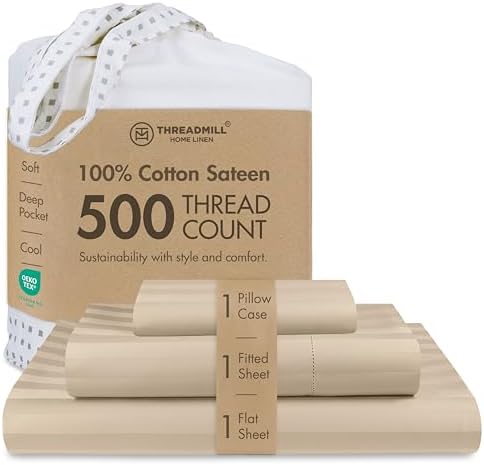 Threadmill 500TC Cotton Twin Sheet Set, Damask Stripe, Light Beige, 3-Piece