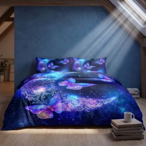 Blue Butterfly Comforter Set King, Moon Mandala Bedding for Girls