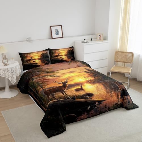Feelyou Deer Comforter Sets Queen Size for Boys Kids Teens,Wild Animal Bedding Sets Hunting Comforter Sets Woodland Moose Wildlife Forest Bed Set, with 1 Comforter 2 Pillowcase