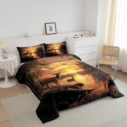 Feelyou Deer Comforter Sets Queen Size for Boys Kids Teens,Wild Animal Bedding Sets Hunting Comforter Sets Woodland Moose Wildlife Forest Bed Set, with 1 Comforter 2 Pillowcase