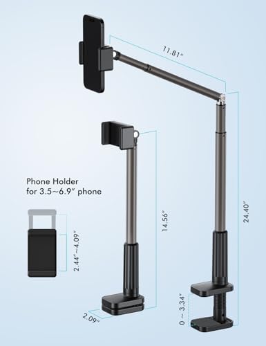 Viozon Phone Holder, Flexible Long Arm,Overhead Mount,360° Angle Adjustable,Aluminum Alloy, C Clamp for Headboard Bedside&Table&Desk,Compatible with 3.5"-6.9" Phone,iPhone 16 15Plus / Pro Max