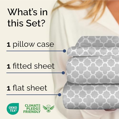 Twin XL 3 Piece Striped Sheet Set - Breathable & Cooling - Gray Clover