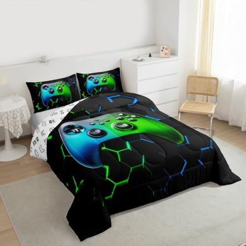 Castle Fairy Games Reversible Comforter Set Queen Size Blue Green Modern Honeycomb Hexagon Bedding Set for Kids Boys Bedroom Decoration Gaming Bed Duvet Insert Geometric Comforter with 2 Pillowcase