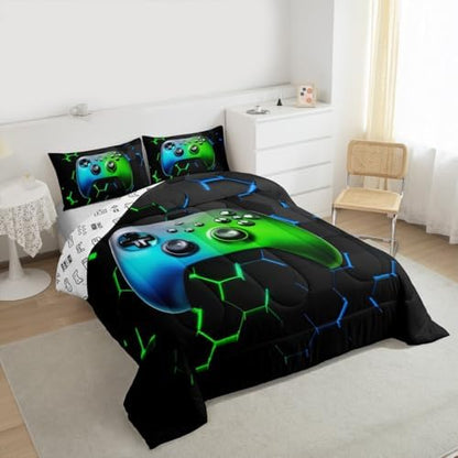 Boys Gamepad King Size Comforter Set Kids Honeycomb Decor All Season Bedding Set for Girls Teens Reversible Gaming Video Games Comforter Green and Blue Decor Quilt Set Bedroom Collection 3Pcs