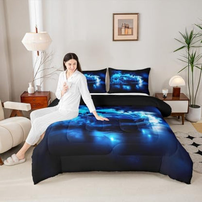 Boys Sports Car Comforter,Cool Blue Race Car Bedding Set Twin Size for Kids Boys Girls Teens,3D Foggy Racing Cars Bedding Comforter Sets,Extreme Sports Theme Quilt Racing Games Race Cars Room Decor